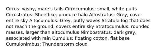 Cirrus: wispy, mare's tails Cirrocumulus: small, white puffs Cirrostratus: Sheetlike, produce halo Altostratus: Grey, cover entire sky Altocumulus: Grey, puffy waves Stratus: fog that does not reach the ground, covers entire sky Stratocumulus: rounded masses, larger than altocumulus Nimbostratus: dark grey, associated with rain Cumulus: floating cotton, flat base Cumulonimbus: Thunderstorm cloud