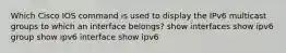 Which Cisco IOS command is used to display the IPv6 multicast groups to which an interface belongs? show interfaces show ipv6 group show ipv6 interface show ipv6