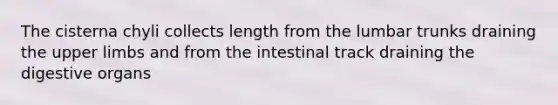 The cisterna chyli collects length from the lumbar trunks draining the upper limbs and from the intestinal track draining the digestive organs