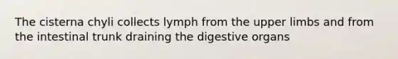 The cisterna chyli collects lymph from the upper limbs and from the intestinal trunk draining the digestive organs