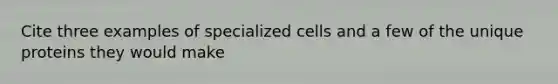 Cite three examples of specialized cells and a few of the unique proteins they would make