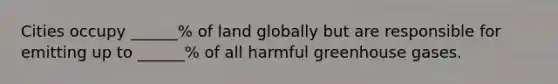 Cities occupy ______% of land globally but are responsible for emitting up to ______% of all harmful greenhouse gases.