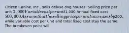 Citizen Canine, Inc., sells deluxe dog houses: Selling price per unit 2,000 Variable cost per unit1,000 Annual fixed cost 500,000 Assume that the selling price per unit increases by200, while variable cost per unit and total fixed cost stay the same. The breakeven point will