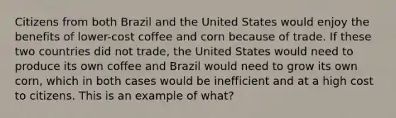 Citizens from both Brazil and the United States would enjoy the benefits of lower-cost coffee and corn because of trade. If these two countries did not trade, the United States would need to produce its own coffee and Brazil would need to grow its own corn, which in both cases would be inefficient and at a high cost to citizens. This is an example of what?