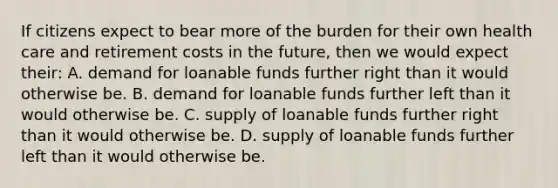 If citizens expect to bear more of the burden for their own health care and retirement costs in the future, then we would expect their: A. demand for loanable funds further right than it would otherwise be. B. demand for loanable funds further left than it would otherwise be. C. supply of loanable funds further right than it would otherwise be. D. supply of loanable funds further left than it would otherwise be.