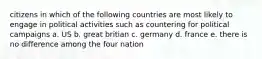 citizens in which of the following countries are most likely to engage in political activities such as countering for political campaigns a. US b. great britian c. germany d. france e. there is no difference among the four nation