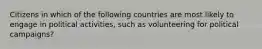 Citizens in which of the following countries are most likely to engage in political activities, such as volunteering for political campaigns?