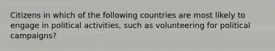 Citizens in which of the following countries are most likely to engage in political activities, such as volunteering for political campaigns?