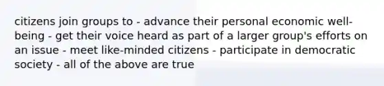 citizens join groups to - advance their personal economic well-being - get their voice heard as part of a larger group's efforts on an issue - meet like-minded citizens - participate in democratic society - all of the above are true