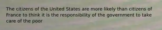 The citizens of the United States are more likely than citizens of France to think it is the responsibility of the government to take care of the poor