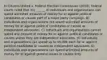 In Citizens United v. Federal Election Commission (2010), federal courts ruled that 31) ______ A) individuals and organizations can spend unlimited amounts of money for or against political candidates or causes part of a major party campaign. B) individuals and organizations can spend unlimited amounts of money for or against political candidates or causes as independent advocates. C) individuals and organizations cannot spend any amount of money for or against political candidates or causes unless they are independent advocates. D) individuals and organizations can spend up to 5,000 each for or against political candidates or causes as independent advocates. E) individuals and organizations can spend unlimited amounts of money for or against general issues or causes only.