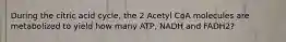 During the citric acid cycle, the 2 Acetyl CoA molecules are metabolized to yield how many ATP, NADH and FADH2?