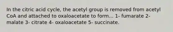 In the citric acid cycle, the acetyl group is removed from acetyl CoA and attached to oxaloacetate to form... 1- fumarate 2- malate 3- citrate 4- oxaloacetate 5- succinate.