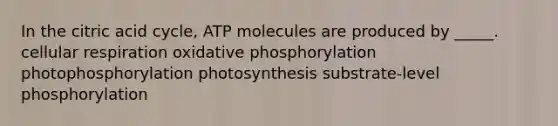 In the citric acid cycle, ATP molecules are produced by _____. <a href='https://www.questionai.com/knowledge/k1IqNYBAJw-cellular-respiration' class='anchor-knowledge'>cellular respiration</a> <a href='https://www.questionai.com/knowledge/kFazUb9IwO-oxidative-phosphorylation' class='anchor-knowledge'>oxidative phosphorylation</a> photophosphorylation photosynthesis substrate-level phosphorylation