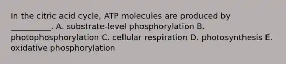 In the citric acid cycle, ATP molecules are produced by __________. A. substrate-level phosphorylation B. photophosphorylation C. cellular respiration D. photosynthesis E. <a href='https://www.questionai.com/knowledge/kFazUb9IwO-oxidative-phosphorylation' class='anchor-knowledge'>oxidative phosphorylation</a>