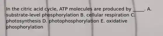 In the citric acid cycle, ATP molecules are produced by _____. A. substrate-level phosphorylation B. cellular respiration C. photosynthesis D. photophosphorylation E. oxidative phosphorylation