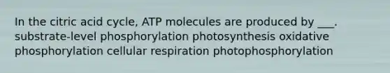 In the citric acid cycle, ATP molecules are produced by ___. substrate-level phosphorylation photosynthesis oxidative phosphorylation cellular respiration photophosphorylation