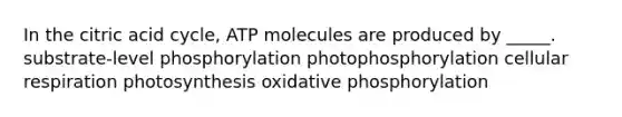 In the citric acid cycle, ATP molecules are produced by _____. substrate-level phosphorylation photophosphorylation cellular respiration photosynthesis oxidative phosphorylation