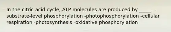 In the citric acid cycle, ATP molecules are produced by _____. -substrate-level phosphorylation -photophosphorylation -cellular respiration -photosynthesis -<a href='https://www.questionai.com/knowledge/kFazUb9IwO-oxidative-phosphorylation' class='anchor-knowledge'>oxidative phosphorylation</a>