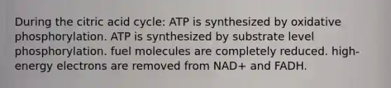 During the citric acid cycle: ATP is synthesized by oxidative phosphorylation. ATP is synthesized by substrate level phosphorylation. fuel molecules are completely reduced. high-energy electrons are removed from NAD+ and FADH.