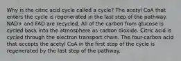 Why is the citric acid cycle called a cycle? The acetyl CoA that enters the cycle is regenerated in the last step of the pathway. NAD+ and FAD are recycled. All of the carbon from glucose is cycled back into the atmosphere as carbon dioxide. Citric acid is cycled through the electron transport chain. The four-carbon acid that accepts the acetyl CoA in the first step of the cycle is regenerated by the last step of the pathway.