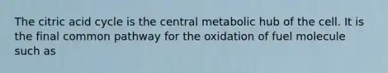 The citric acid cycle is the central metabolic hub of the cell. It is the final common pathway for the oxidation of fuel molecule such as