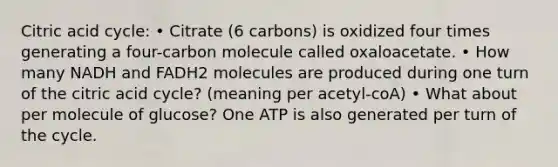 Citric acid cycle: • Citrate (6 carbons) is oxidized four times generating a four-carbon molecule called oxaloacetate. • How many NADH and FADH2 molecules are produced during one turn of the citric acid cycle? (meaning per acetyl-coA) • What about per molecule of glucose? One ATP is also generated per turn of the cycle.