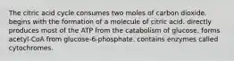 The citric acid cycle consumes two moles of carbon dioxide. begins with the formation of a molecule of citric acid. directly produces most of the ATP from the catabolism of glucose. forms acetyl-CoA from glucose-6-phosphate. contains enzymes called cytochromes.