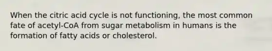 When the citric acid cycle is not functioning, the most common fate of acetyl-CoA from sugar metabolism in humans is the formation of fatty acids or cholesterol.