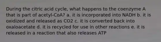 During the citric acid cycle, what happens to the coenzyme A that is part of acetyl-CoA? a. it is incorporated into NADH b. it is oxidized and released as CO2 c. it is converted back into oxaloacetate d. it is recycled for use in other reactions e. it is released in a reaction that also releases ATP