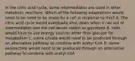 In the citric acid cycle, some intermediates are used in other metabolic reactions. Which of the following adaptations would need to be need to be made by a cell in response to this? A. The citric acid cycle would eventually shut down when it ran out of intermediates and the cell would switch to glycolysis B. cells would have to use energy sources other than glucose for metabolism C. some citrate would need to be produced through an alternative pathway to combine with acetyl CoA D. some oxaloactete would need to be produced through an alternative pathway to combine with acetyl CoA