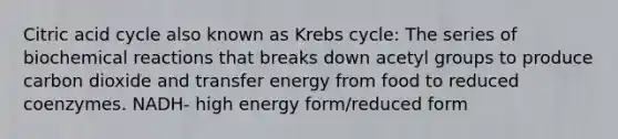 Citric acid cycle also known as Krebs cycle: The series of biochemical reactions that breaks down acetyl groups to produce carbon dioxide and transfer energy from food to reduced coenzymes. NADH- high energy form/reduced form