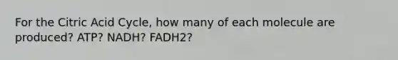 For the Citric Acid Cycle, how many of each molecule are produced? ATP? NADH? FADH2?