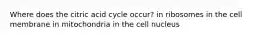 Where does the citric acid cycle occur? in ribosomes in the cell membrane in mitochondria in the cell nucleus