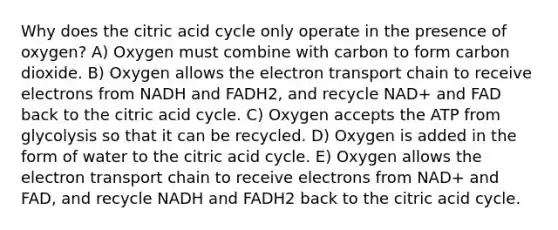 Why does the citric acid cycle only operate in the presence of oxygen? A) Oxygen must combine with carbon to form carbon dioxide. B) Oxygen allows the electron transport chain to receive electrons from NADH and FADH2, and recycle NAD+ and FAD back to the citric acid cycle. C) Oxygen accepts the ATP from glycolysis so that it can be recycled. D) Oxygen is added in the form of water to the citric acid cycle. E) Oxygen allows the electron transport chain to receive electrons from NAD+ and FAD, and recycle NADH and FADH2 back to the citric acid cycle.