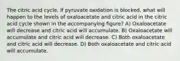 The citric acid cycle. If pyruvate oxidation is blocked, what will happen to the levels of oxaloacetate and citric acid in the citric acid cycle shown in the accompanying figure? A) Oxaloacetate will decrease and citric acid will accumulate. B) Oxaloacetate will accumulate and citric acid will decrease. C) Both oxaloacetate and citric acid will decrease. D) Both oxaloacetate and citric acid will accumulate.