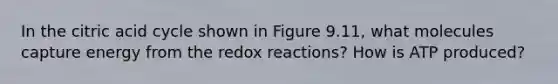 In the citric acid cycle shown in Figure 9.11, what molecules capture energy from the redox reactions? How is ATP produced?