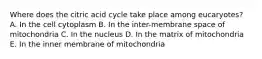 Where does the citric acid cycle take place among eucaryotes? A. In the cell cytoplasm B. In the inter-membrane space of mitochondria C. In the nucleus D. In the matrix of mitochondria E. In the inner membrane of mitochondria