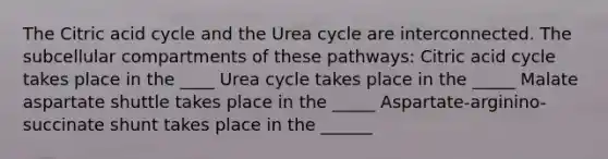 The Citric acid cycle and the Urea cycle are interconnected. The subcellular compartments of these pathways: Citric acid cycle takes place in the ____ Urea cycle takes place in the _____ Malate aspartate shuttle takes place in the _____ Aspartate-arginino-succinate shunt takes place in the ______