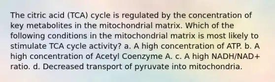 The citric acid (TCA) cycle is regulated by the concentration of key metabolites in the mitochondrial matrix. Which of the following conditions in the mitochondrial matrix is most likely to stimulate TCA cycle activity? a. A high concentration of ATP. b. A high concentration of Acetyl Coenzyme A. c. A high NADH/NAD+ ratio. d. Decreased transport of pyruvate into mitochondria.