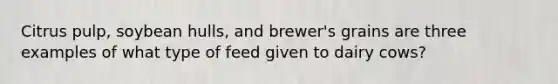Citrus pulp, soybean hulls, and brewer's grains are three examples of what type of feed given to dairy cows?
