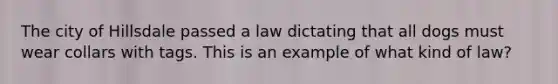 The city of Hillsdale passed a law dictating that all dogs must wear collars with tags. This is an example of what kind of law?