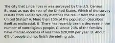 The city that Linda lives in was surveyed by the U.S. Census Bureau, as was the rest of the United States. Which of the survey results from Ladiedra's city matches the result from the entire United States? A. More than 20% of the population describes itself as multiracial. B. There has recently been a decrease in the number of nonreligious people. C. about 20% of the families have median incomes of less than 20,000 per year. D. About 6% of people did not finish the ninth grade.