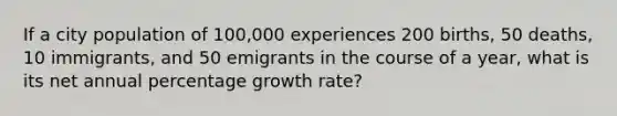 If a city population of 100,000 experiences 200 births, 50 deaths, 10 immigrants, and 50 emigrants in the course of a year, what is its net annual percentage growth rate?