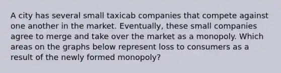 A city has several small taxicab companies that compete against one another in the market. Eventually, these small companies agree to merge and take over the market as a monopoly. Which areas on the graphs below represent loss to consumers as a result of the newly formed monopoly?