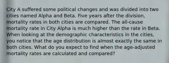 City A suffered some political changes and was divided into two cities named Alpha and Beta. Five years after the division, mortality rates in both cities are compared. The all-cause mortality rate in City Alpha is much higher than the rate in Beta. When looking at the demographic characteristics in the cities, you notice that the age distribution is almost exactly the same in both cities. What do you expect to find when the age-adjusted mortality rates are calculated and compared?