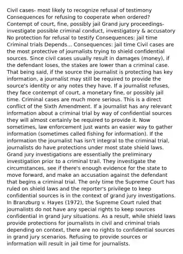 Civil cases- most likely to recognize refusal of testimony Consequences for refusing to cooperate when ordered? Contempt of court, fine, possibly jail Grand jury proceedings- investigate possible criminal conduct, investigatory & accusatory No protection for refusal to testify Consequences: jail time Criminal trials Depends... Consequences: jail time Civil cases are the most protective of journalists trying to shield confidential sources. Since civil cases usually result in damages (money), if the defendant loses, the stakes are lower than a criminal case. That being said, if the source the journalist is protecting has key information, a journalist may still be required to provide the source's identity or any notes they have. If a journalist refuses, they face contempt of court, a monetary fine, or possibly jail time. Criminal cases are much more serious. This is a direct conflict of the Sixth Amendment. If a journalist has any relevant information about a criminal trial by way of confidential sources they will almost certainly be required to provide it. Now sometimes, law enforcement just wants an easier way to gather information (sometimes called fishing for information). If the information the journalist has isn't integral to the criminal trial, journalists do have protections under most state shield laws. Grand jury investigations are essentially the preliminary investigation prior to a criminal trail. They investigate the circumstances, see if there's enough evidence for the state to move forward, and make an accusation against the defendant that begins a criminal trial. The only time the Supreme Court has ruled on shield laws and the reporter's privilege to keep confidential sources is in the context of grand jury investigations. In Branzburg v. Hayes (1972), the Supreme Court ruled that journalists do not have any special rights to keep sources confidential in grand jury situations. As a result, while shield laws provide protections for journalists in civil and criminal trials depending on context, there are no rights to confidential sources in grand jury scenarios. Refusing to provide sources or information will result in jail time for journalists.