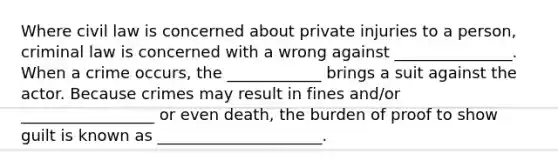 Where civil law is concerned about private injuries to a person, criminal law is concerned with a wrong against _______________. When a crime occurs, the ____________ brings a suit against the actor. Because crimes may result in fines and/or _________________ or even death, the burden of proof to show guilt is known as _____________________.