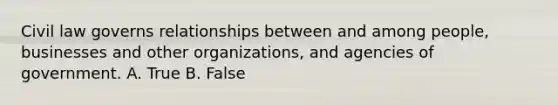 Civil law governs relationships between and among people, businesses and other organizations, and agencies of government. A. True B. False