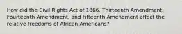 How did the Civil Rights Act of 1866, Thirteenth Amendment, Fourteenth Amendment, and Fifteenth Amendment affect the relative freedoms of African Americans?